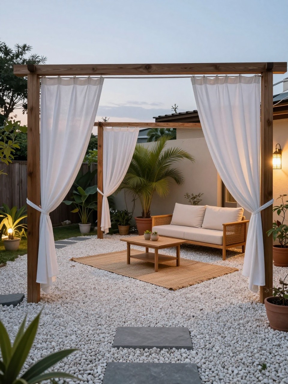 Image Prompt: A dreamy pea gravel patio with simple wood posts and soft white outdoor curtains tied back, cushioned loveseat, woven rug layered over the gravel, small coffee table, potted palms, warm evening lighting, private cozy backyard retreat, no people, realistic DSLR photo, no text, no watermarks on images.