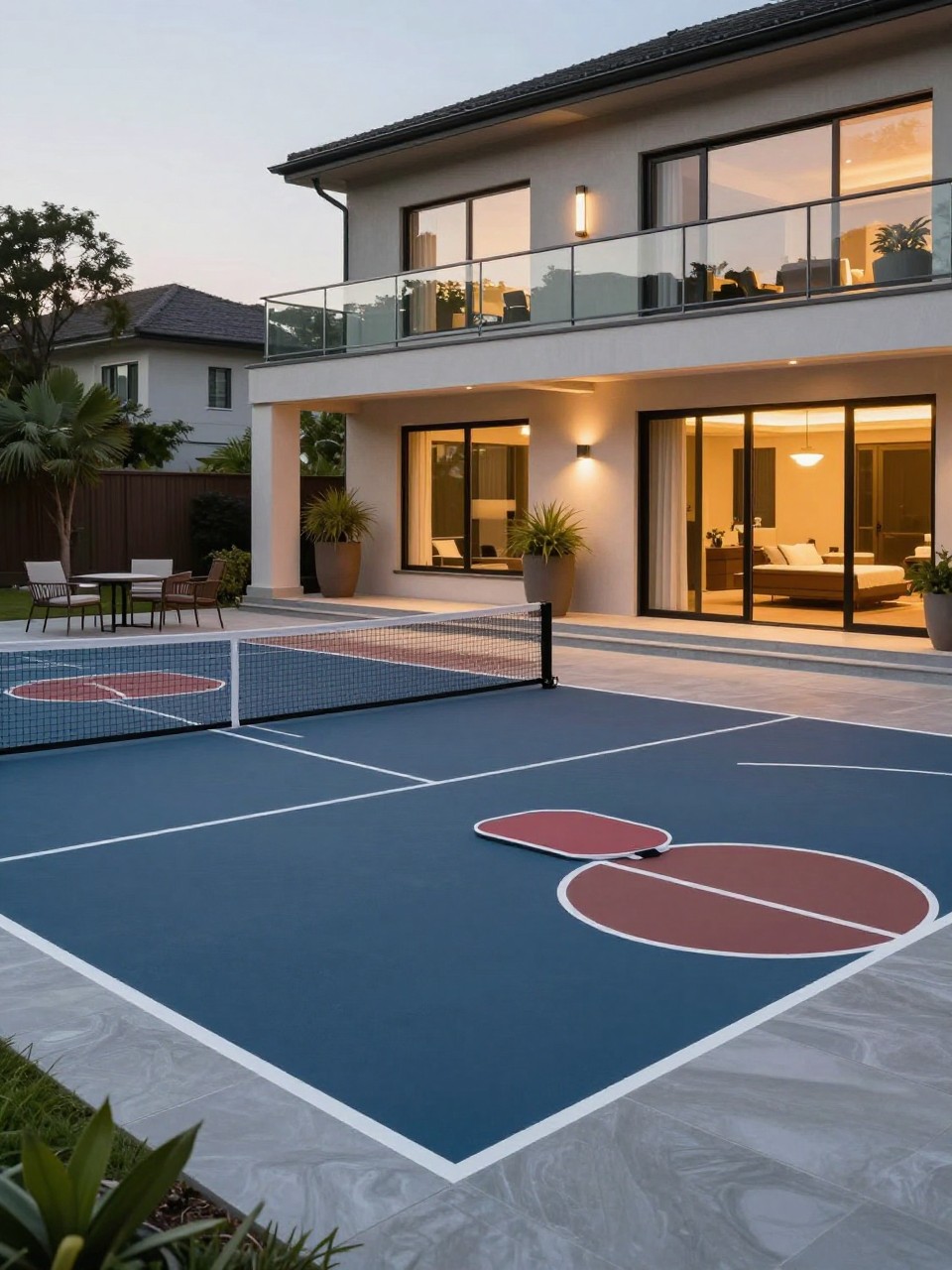 Image Prompt: A luxury backyard sport court with basketball and pickleball markings, nearby raised viewing patio with outdoor chairs, glass railing, large planters, soft landscape lighting, modern home exterior, premium family recreation design, realistic DSLR photo quality, no people, no watermarks on images.