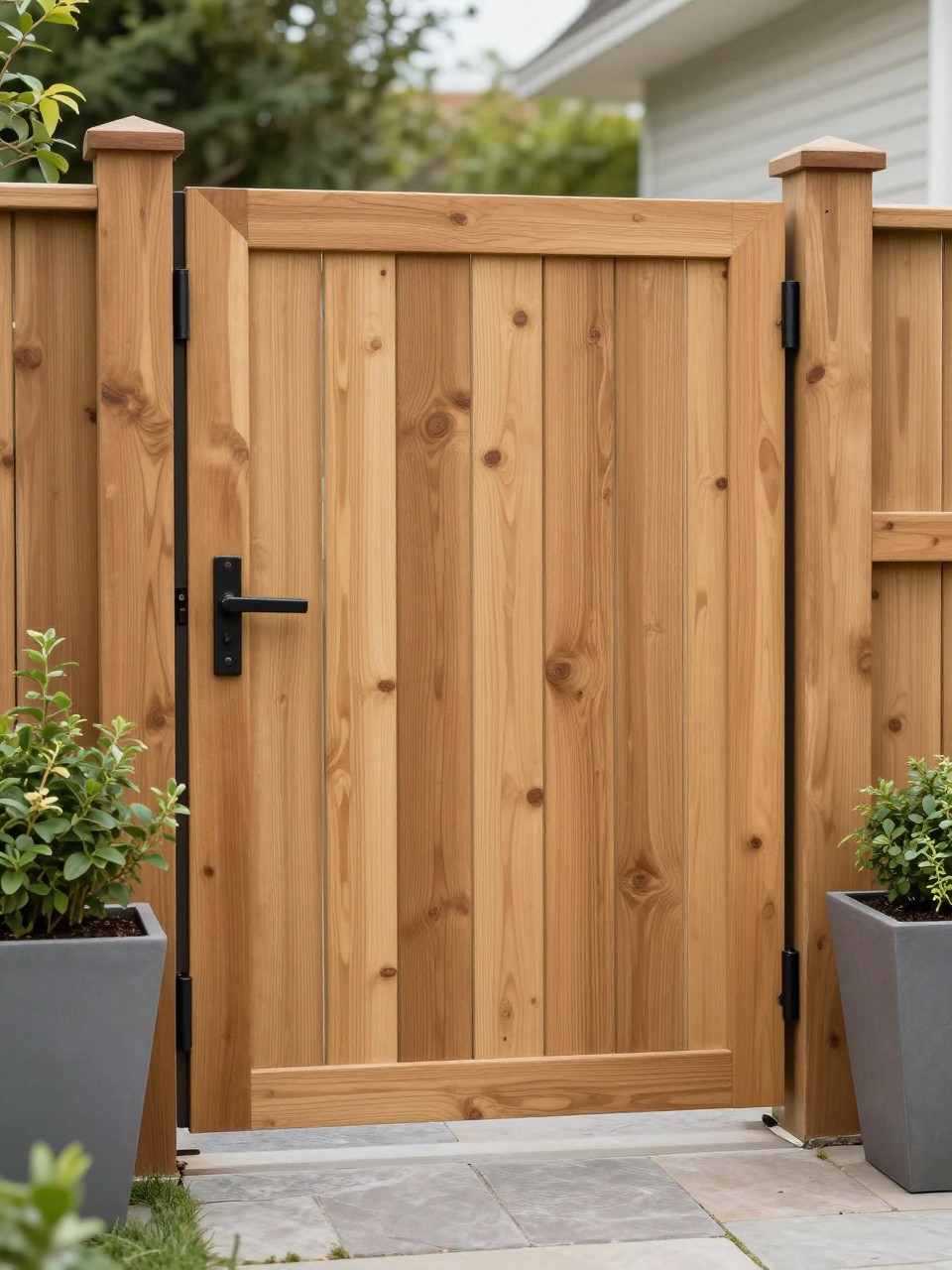 Image Prompt: A tall backyard privacy gate made with vertical wooden boards, warm natural stain, simple black latch, stone walkway, tall planters with greenery, clean and private backyard entrance, realistic DSLR photo quality, no people, no watermarks on images.