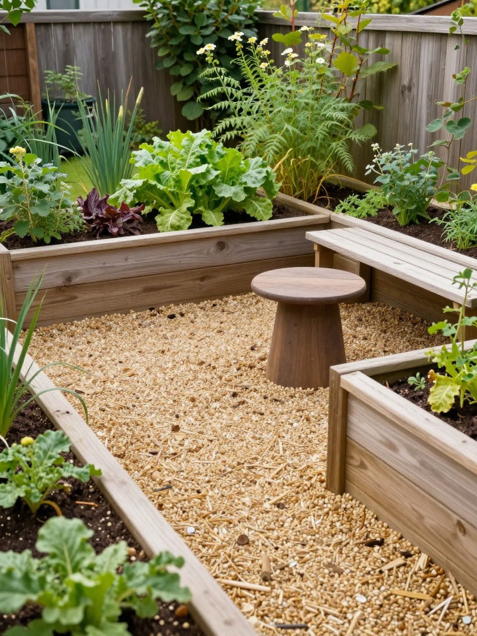 Image Prompt: A lovely backyard pea gravel patio framed by raised wooden garden beds, small outdoor bench, round side table, leafy vegetables and herbs growing nearby, warm natural light, practical and pretty garden patio setup, no people, realistic DSLR garden photo, no text, no watermarks on images.