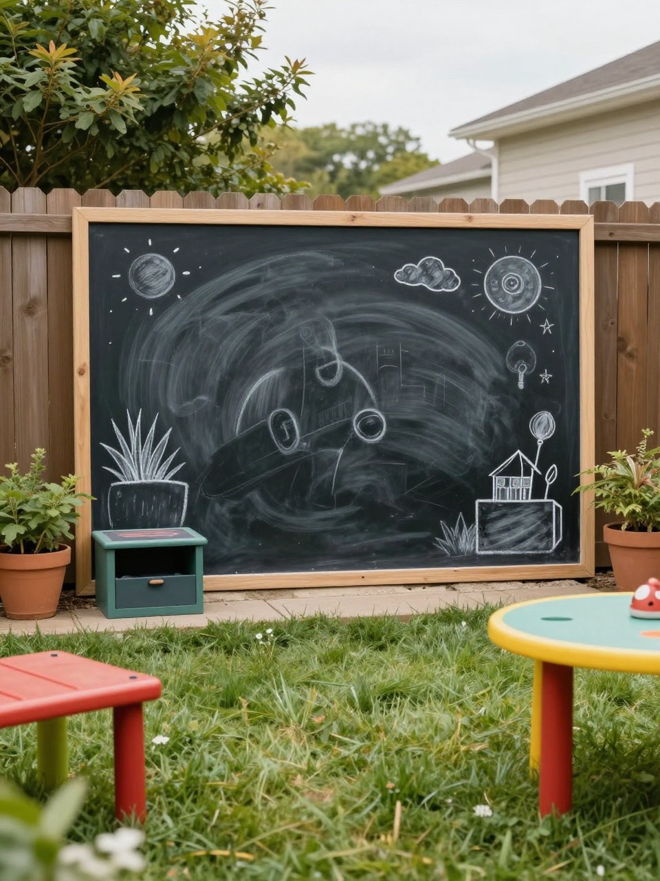 Image Prompt: A creative backyard kids playground with a large outdoor chalkboard wall on a fence, small chalk storage box, nearby play table, grass and potted plants, fun and tidy outdoor art space, realistic DSLR photo quality, no people, no watermarks on images.