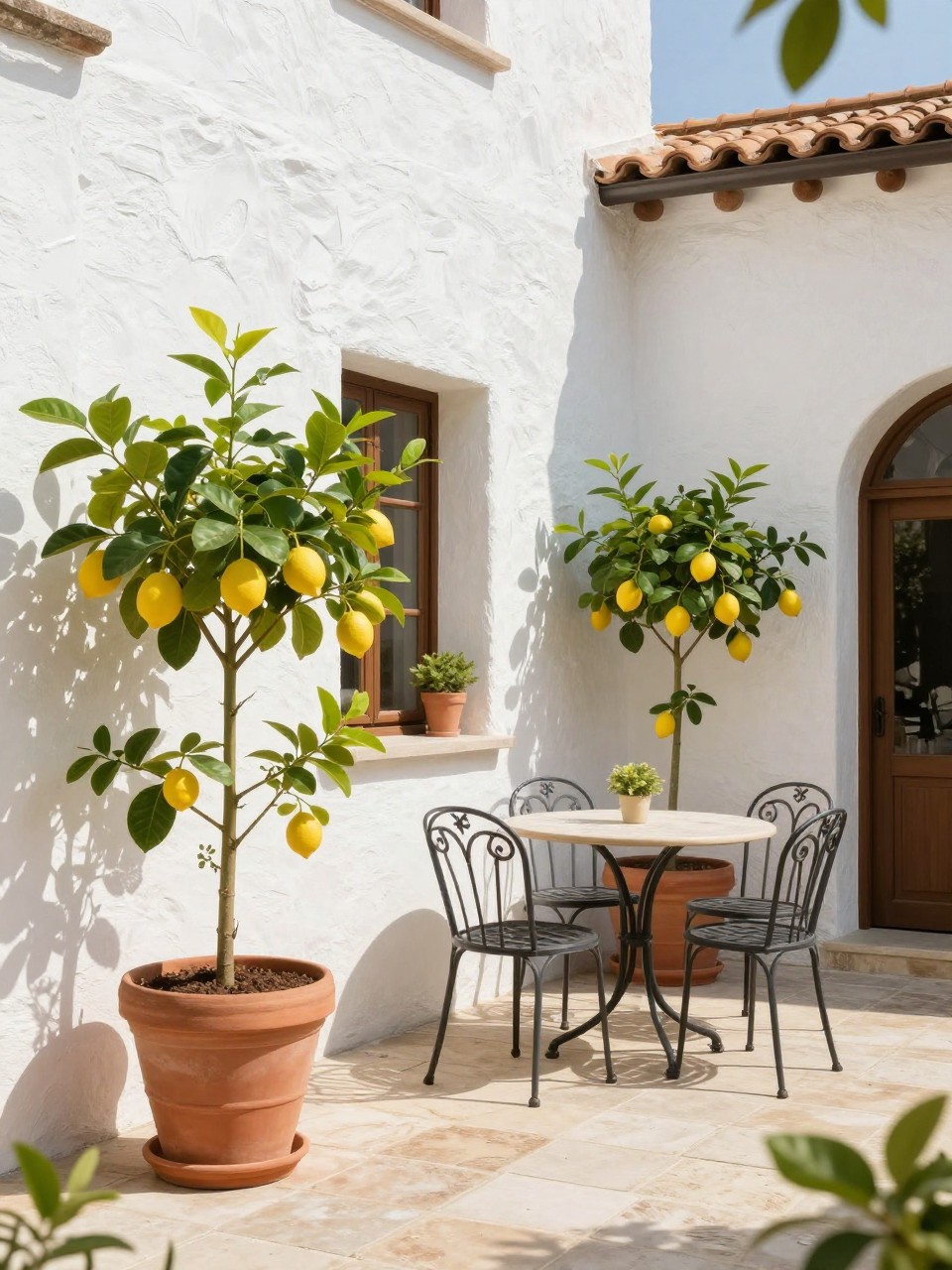 Image Prompt: A bright Italian-inspired patio with crisp white stucco walls, large terracotta pots filled with lemon trees, light stone flooring, simple wrought iron bistro set, warm sunlight, fresh Mediterranean mood, no people, realistic DSLR photo, no text, no watermarks on images.