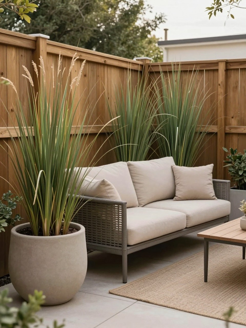 Image Prompt: A cozy patio seating area with tall potted ornamental grasses in large neutral planters along one side, outdoor loveseat with beige cushions, small coffee table, outdoor rug, wood privacy fence, soft afternoon light, calm and private backyard patio style, no people, realistic DSLR image, no text, no watermarks on images.
