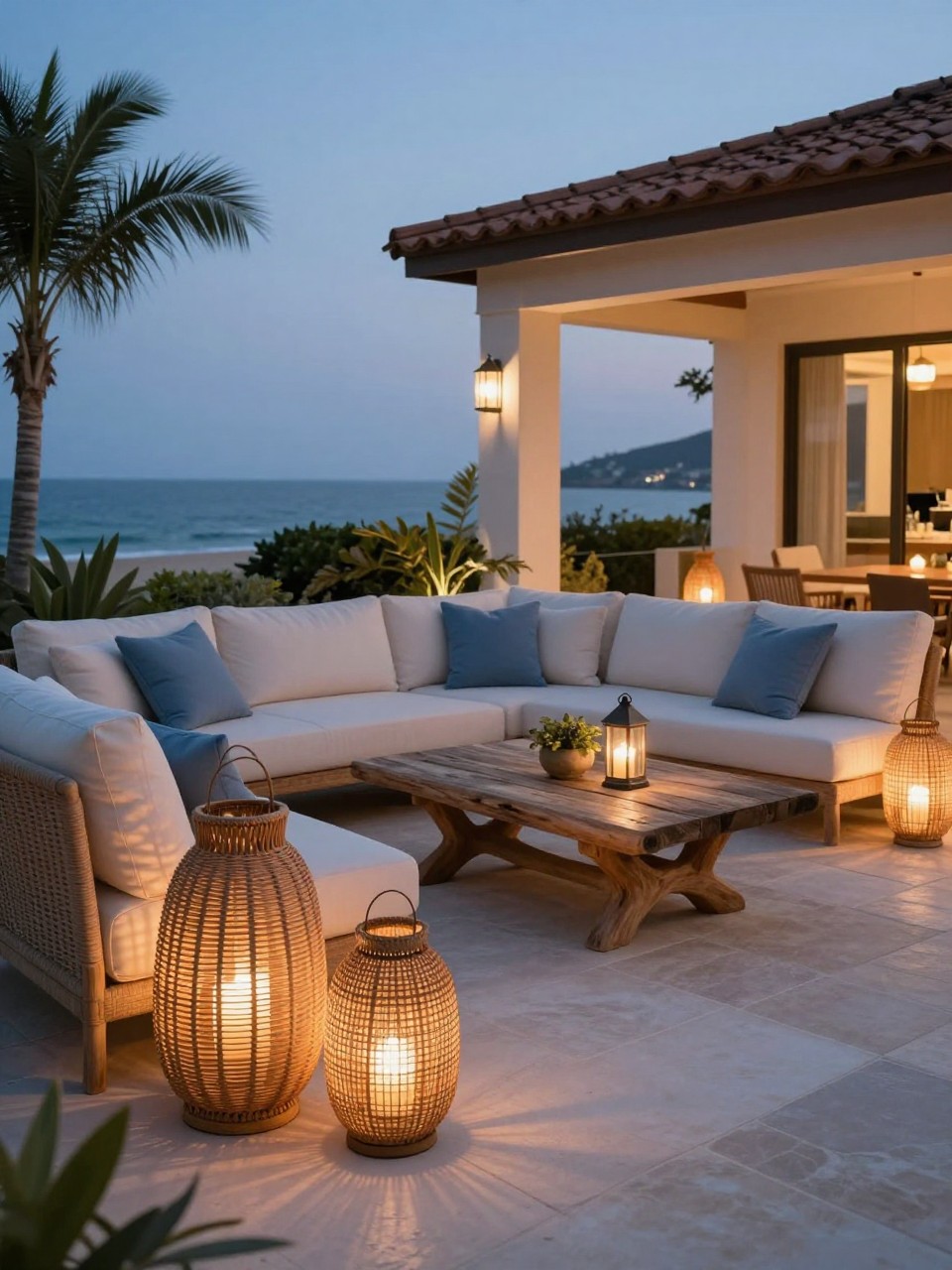 Image Prompt: A cozy coastal patio at dusk with large woven lanterns and white candle lanterns placed around the seating area, cream outdoor sofa, blue cushions, driftwood table, soft glowing evening atmosphere, pale stone floor, beach-inspired backyard decor, no people, realistic DSLR photo, no text, (no watermarks on images)