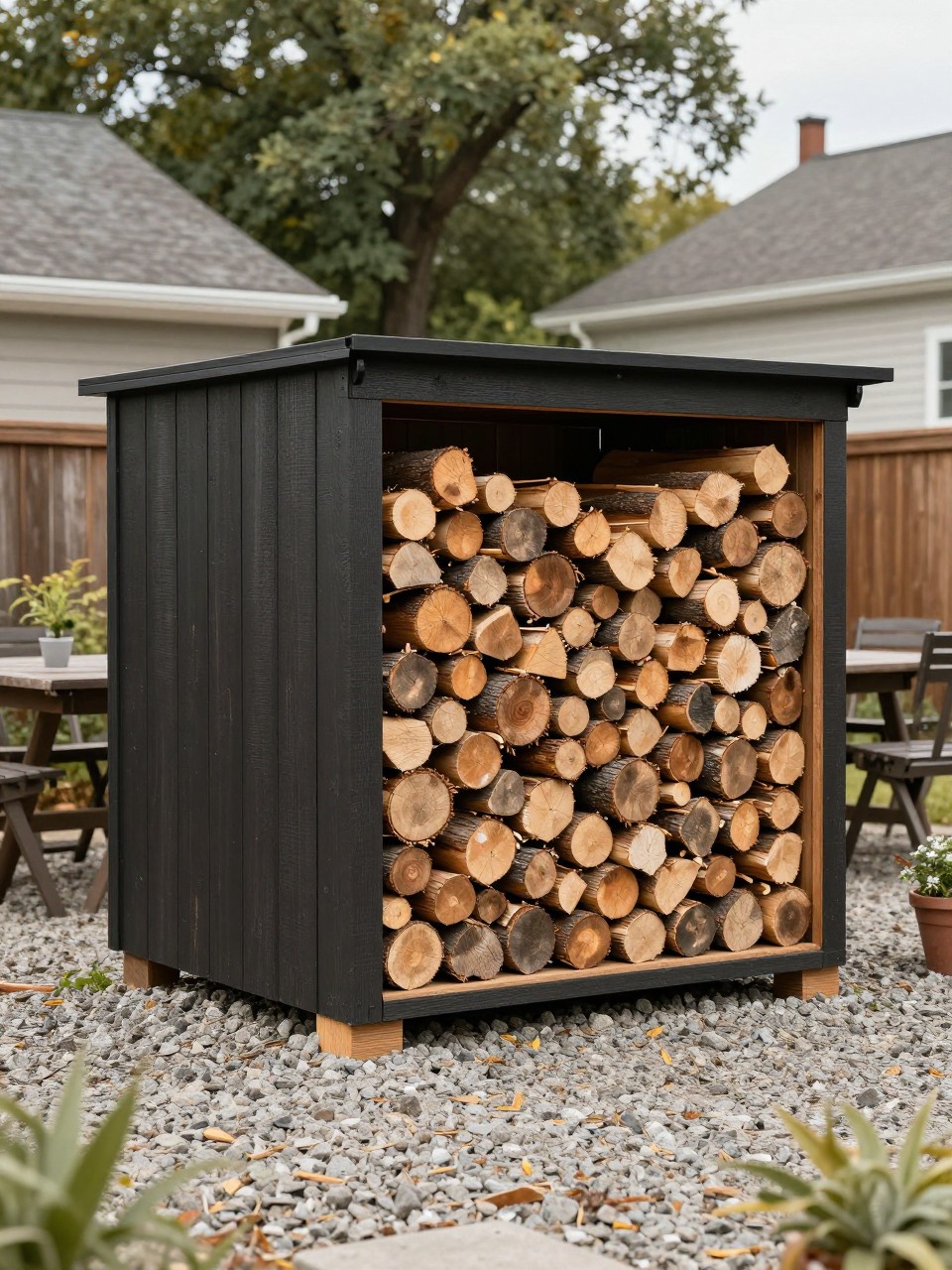 Image Prompt: A practical backyard storage shed with built-in firewood storage on one side, neat stacked logs, dark wood siding, gravel base, outdoor seating nearby, cozy rustic-modern backyard design, realistic DSLR photo quality, no people, no watermarks on images.