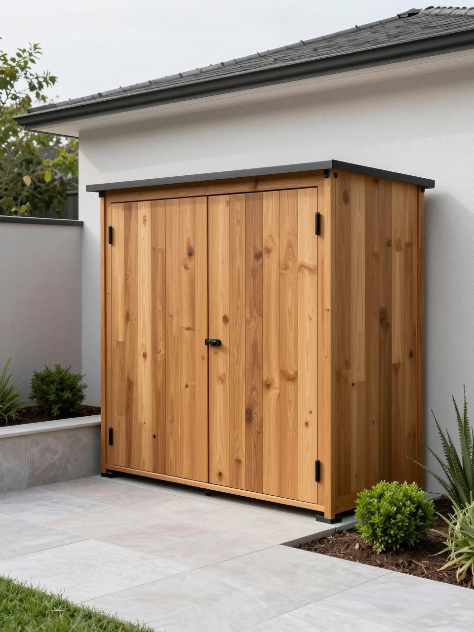 Image Prompt: A minimalist backyard storage shed with smooth wood panels, hidden flush doors, clean stone patio, built-in planter bed, simple green shrubs, modern home exterior, premium uncluttered garden design, realistic DSLR photo quality, no people, no watermarks on images.