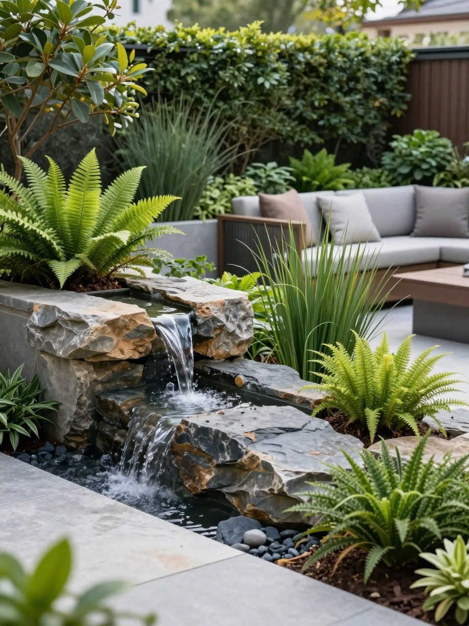 Image Prompt: A beautiful split level garden with a small water feature flowing from the upper level to the lower level, natural stone, lush planting, ferns, ornamental grasses, modern seating area, calm premium outdoor design, realistic DSLR photo quality, no people, no watermarks on images.