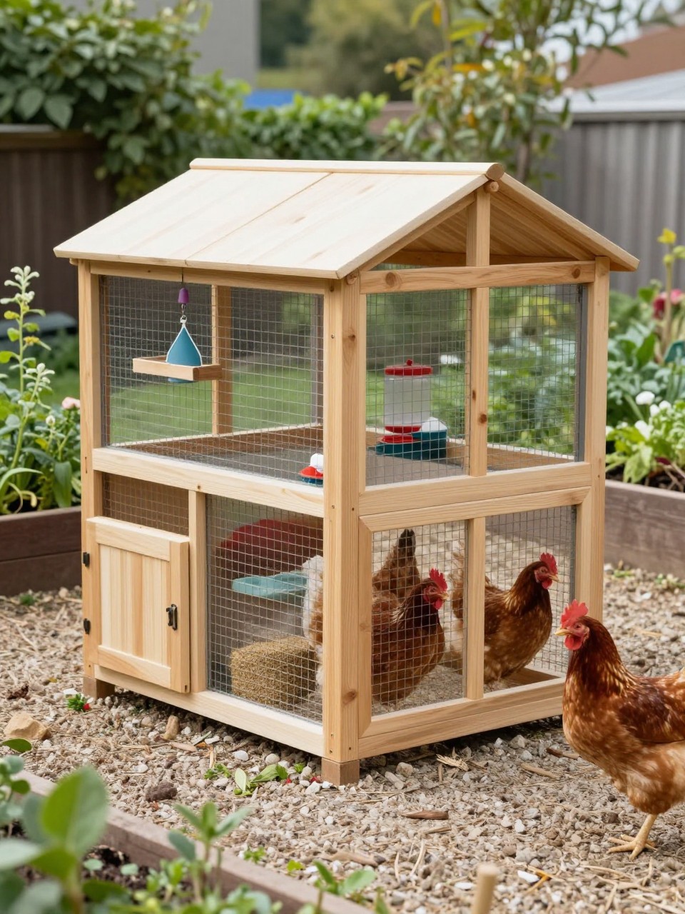 Image Prompt: A smart walk in chicken coop with a built-in storage section, natural wood frame, tall wire run, small enclosed coop house at the back, side storage cabinet for feed and tools with closed wooden doors, hanging feeder and waterer inside, chickens on clean gravel, backyard garden with herbs and raised beds nearby, practical organized DIY chicken setup, no people, no text, no watermark.