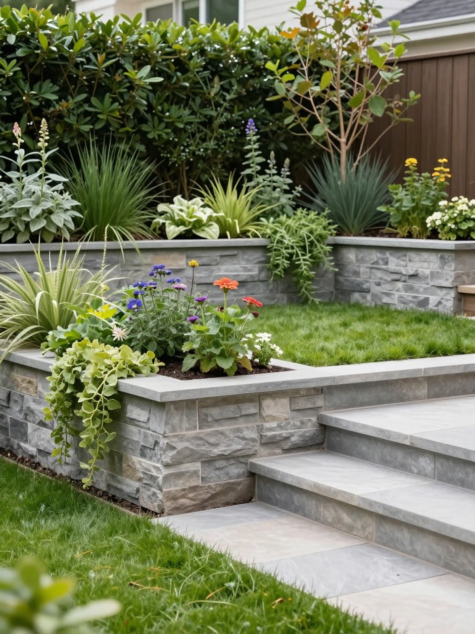 Image Prompt: A premium two level garden with retaining walls used as built-in planters, layered greenery, trailing plants, herbs, flowers, stone steps, modern patio below, neat upper lawn, stylish and practical home garden design, realistic DSLR photo quality, no people, no watermarks on images.