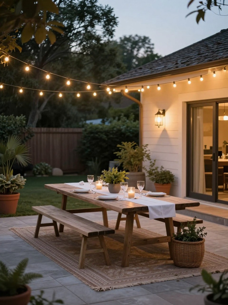 Image Prompt: A festive backyard party patio with warm festoon string lights hanging overhead, long table, simple party decor, potted plants, outdoor rug, soft evening glow, stylish and welcoming home celebration setup, realistic DSLR photo quality, no people, no watermarks on images.