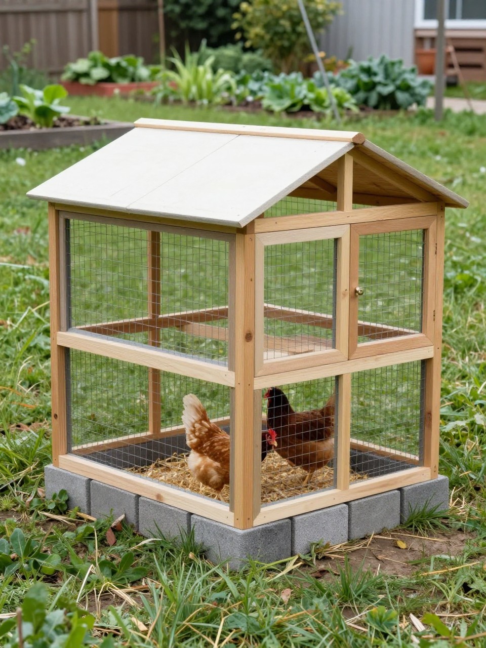 A realistic low budget chicken coop using cinder blocks for the base and simple wood framing above, sloped roof, small chicken ramp, attached secure wire run, straw bedding, two hens nearby, backyard with grass and a few vegetable beds, sturdy budget-friendly DIY coop, natural daylight, no people, no text, (no watermarks on images).