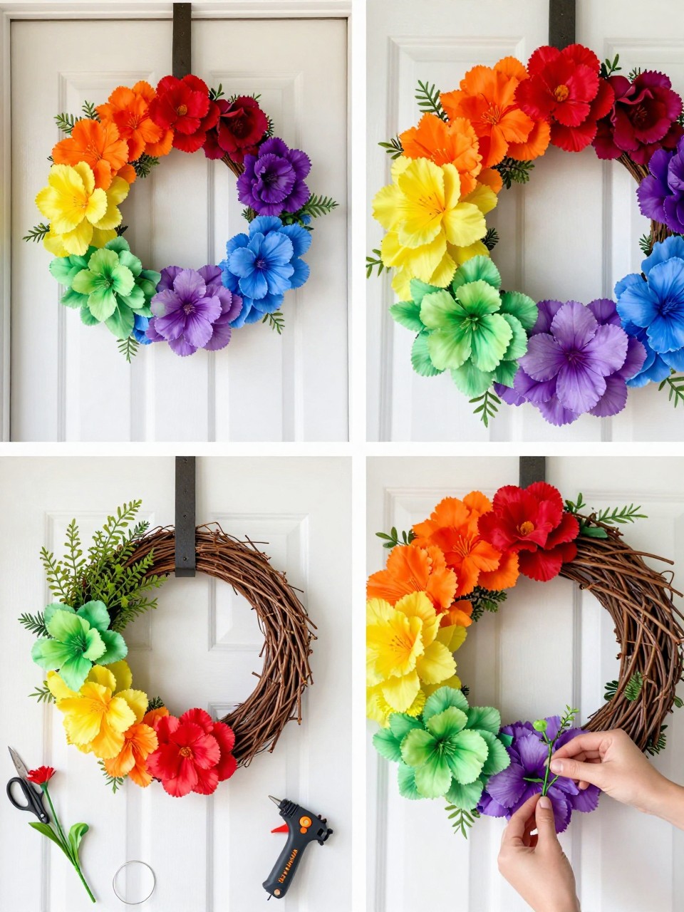 A realistic editorial 2x2 collage grid showing a handmade rainbow flower summer wreath, top-left finished wreath on a white front door with faux flowers arranged in red, orange, yellow, green, blue, and purple sections, top-right close-up of layered flower petals and greenery, bottom-left flat lay of grapevine wreath base, rainbow faux flowers, greenery stems, floral wire, scissors, and hot glue gun, bottom-right cropped hands attaching flower stems to the wreath base, bright summer porch setting, no faces, no text, no watermark on images.