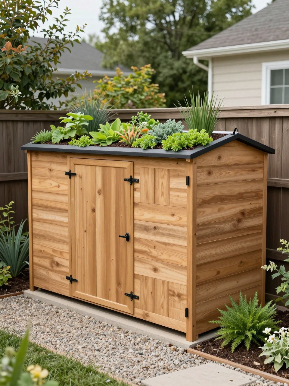 Image Prompt: A stylish backyard storage shed with a living green roof, small plants and sedum growing on top, natural wood siding, gravel path, native plants around the base, eco-friendly garden design, realistic DSLR photo quality, no people, no watermarks on images.