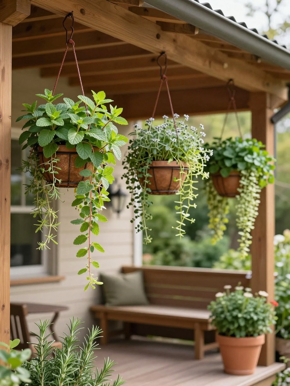 Image Prompt: A cozy covered patio with hanging baskets filled with trailing herbs and greenery, mint, oregano, thyme, and parsley, warm wood ceiling, small seating area below, potted rosemary on the floor, soft natural light, relaxed garden patio style, realistic DSLR image, no people, no text, no watermarks on images.