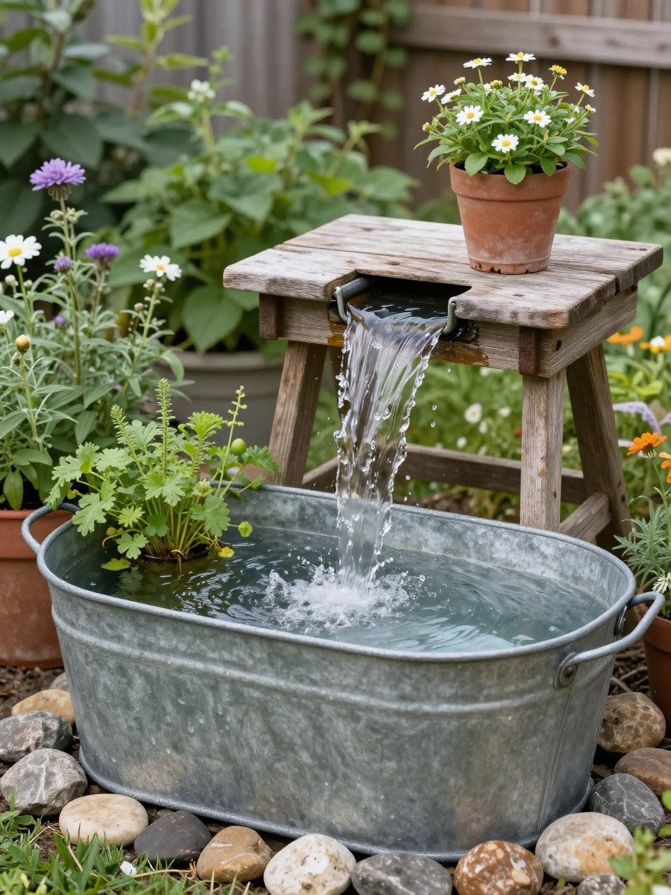 Image Prompt: A charming homemade waterfall flowing into a galvanized tub pond, small stones around the edge, water plants, rustic wooden stand, herbs and flowers nearby, farmhouse garden styling, cozy backyard setting, realistic DSLR photo quality, no people, no watermarks on images.