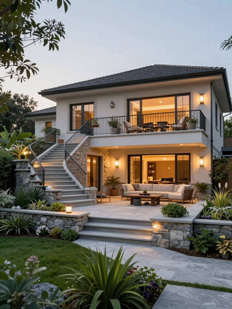 Image Prompt: A beautiful two level home garden with an upper stone dining terrace and a lower cozy lounge area, wide steps connecting both levels, built-in retaining walls, lush planting around the edges, neutral outdoor furniture, warm evening lighting, premium modern backyard design, realistic DSLR photo quality, no people, no watermarks on images.