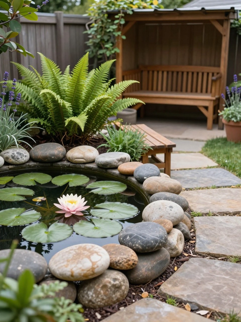 Image Prompt: A peaceful backyard garden with a small in-ground pond beside a wooden bench, water lilies, smooth stones, soft planting, ferns, lavender, curved stone path, cozy seating nook, realistic DSLR photo quality, no people, no watermarks on images.