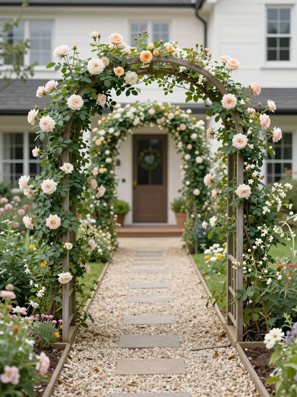 Image Prompt: A romantic side yard pathway with a series of simple arch trellises, climbing roses and jasmine, gravel path below, soft flowers along the edges, charming garden passageway, elegant home exterior, realistic DSLR photo quality, no people, no watermarks on images.