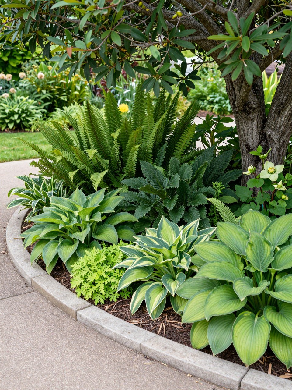 Image Prompt: A beautiful garden bed under a mature tree, layered shade-loving plants, ferns, hostas, hellebores, ground cover, natural mulch, curved stone edging, elegant and practical shaded planting design, realistic DSLR photo quality, no people, no watermarks on images.