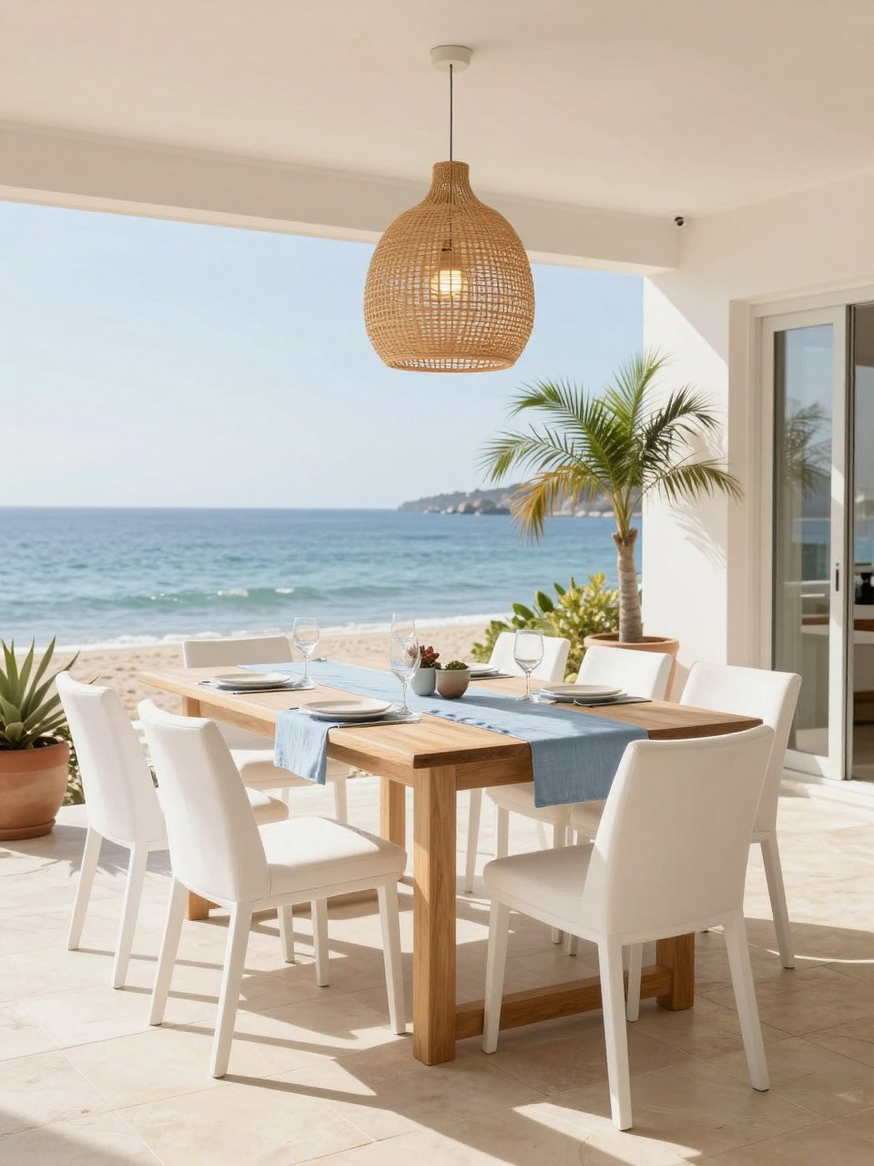 Image Prompt: A beautiful coastal outdoor dining patio with a light wood dining table, white dining chairs, soft blue table runner, simple glassware, woven pendant light overhead, potted palms, pale stone patio floor, airy and elegant beach house dining setup, no people, realistic DSLR image, no text, (no watermarks on images)