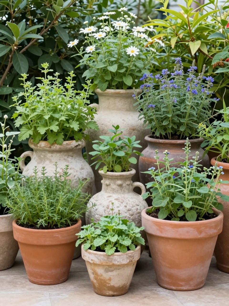 Image Prompt: A stylish garden corner with a curated cluster of garden pots in different sizes and shapes, terracotta, stone, and aged ceramic finishes, filled with herbs, flowering plants, and leafy greenery, layered and premium garden styling, soft sunlight, realistic DSLR photo quality, no people, no watermarks on images.