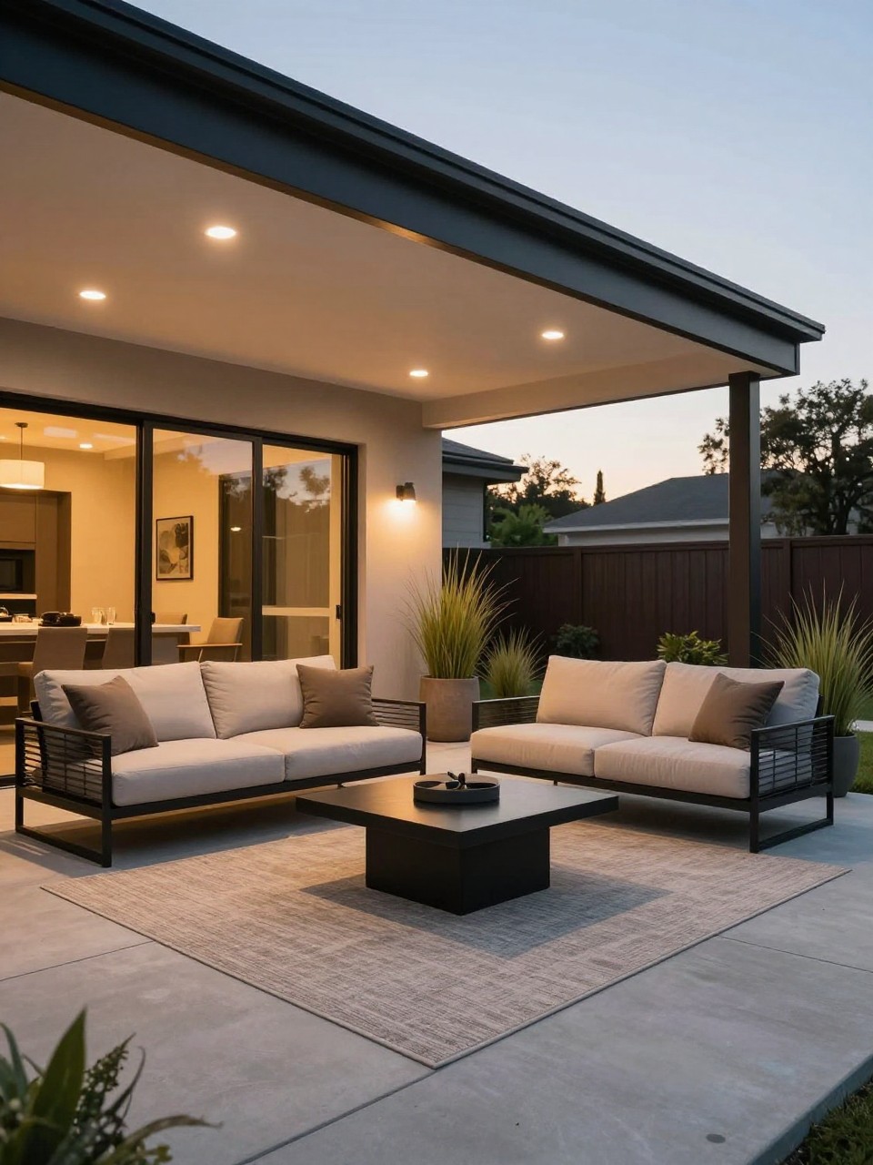 Image Prompt: A sleek modern covered patio with a roof extension featuring recessed ceiling lights, outdoor lounge seating, large neutral rug, black coffee table, smooth concrete floor, potted grasses, warm evening glow, clean and cozy backyard design, no people, realistic DSLR photo, no text, no watermarks on images.