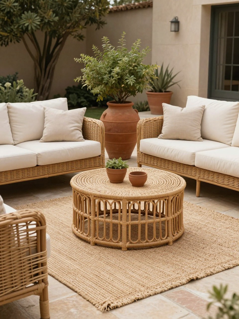 Image Prompt: A warm patio with a jute-style outdoor rug, wicker sofa and chairs with cream cushions, rattan coffee table, clay pots with greenery, soft neutral pillows, stone paver floor, natural earthy backyard style, no people, realistic DSLR image, no text, no watermarks on images.