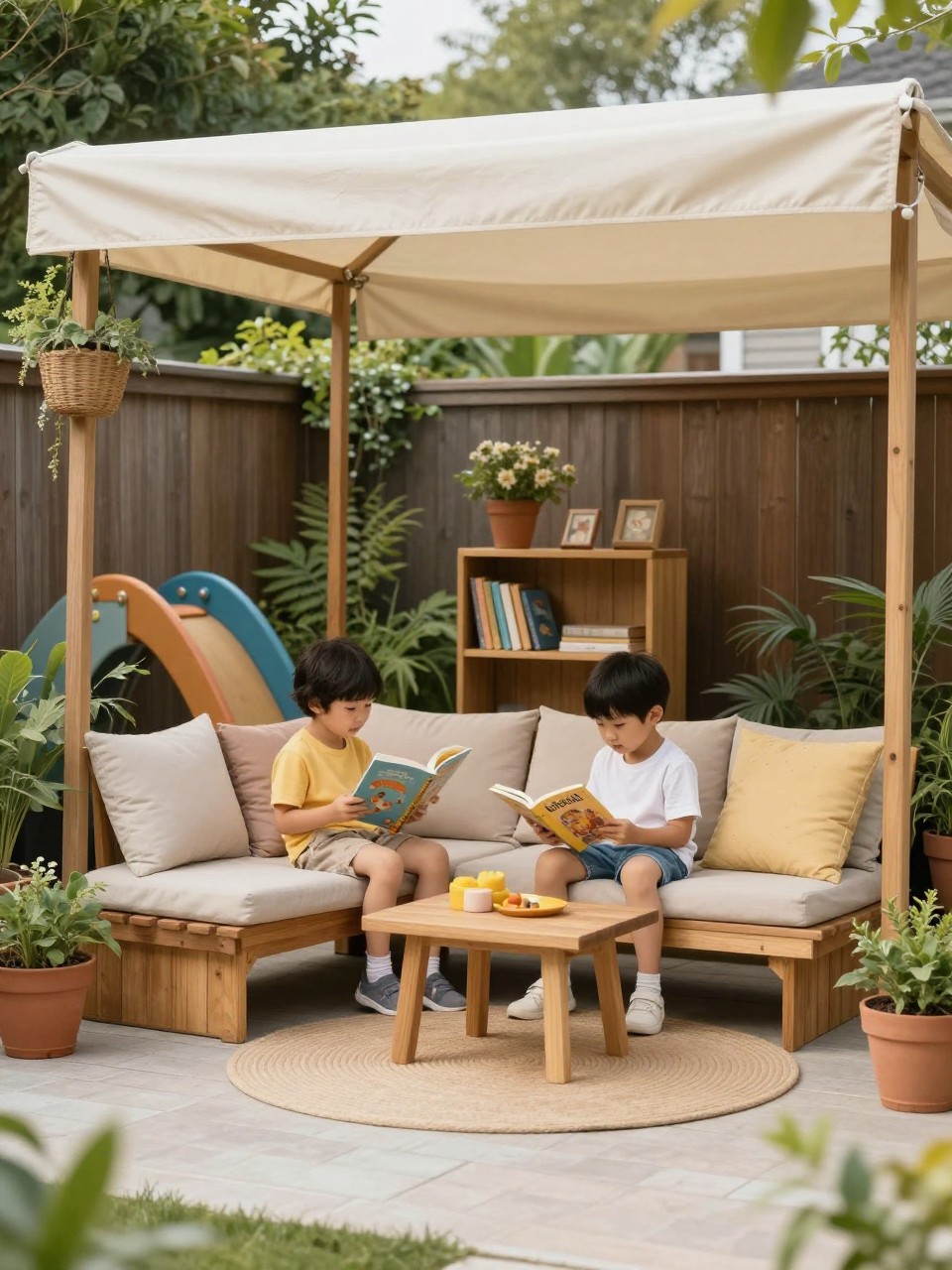 Image Prompt: A cozy backyard kids reading nook under a shade canopy, soft outdoor cushions, low wooden bench, small bookshelf box, nearby play area, potted plants, calm family garden corner, realistic DSLR photo quality, no people, no watermarks on images.