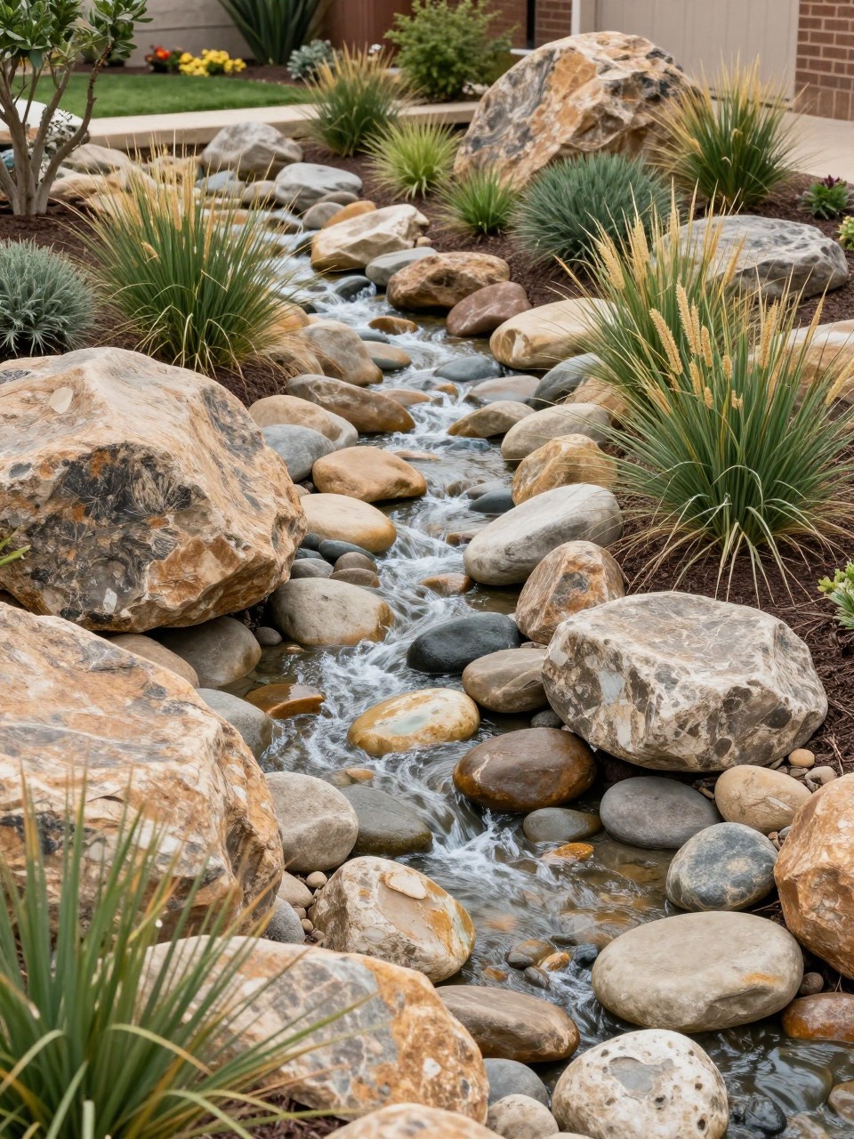 Image Prompt: A clever dry creek bed landscape with large boulders, smooth river rocks, ornamental grasses, drought-tolerant plants, curved natural shape through a front yard garden, premium low-maintenance landscaping, realistic DSLR photo quality, no people, no watermarks on images.