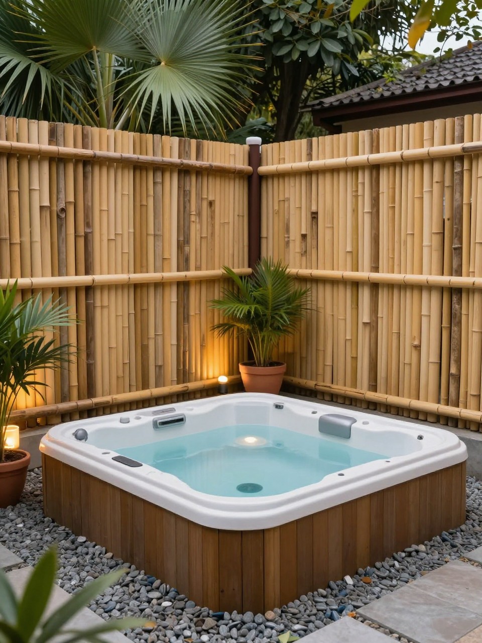 Image Prompt: A peaceful backyard hot tub patio with a simple hot tub, bamboo privacy screen panels, pea gravel base, warm solar lights, potted tropical plants, small side table, calm low-cost spa-like setting, no people, realistic DSLR photo, no text, no watermarks on images.