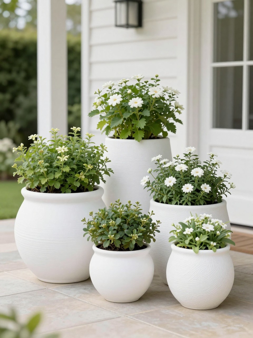 Image Prompt: A bright and elegant garden patio styled with white textured pots in different sizes, filled with soft green plants and white flowers, clean home backdrop, light stone flooring, fresh and premium outdoor decor, realistic DSLR photo quality, no people, no watermarks on images.