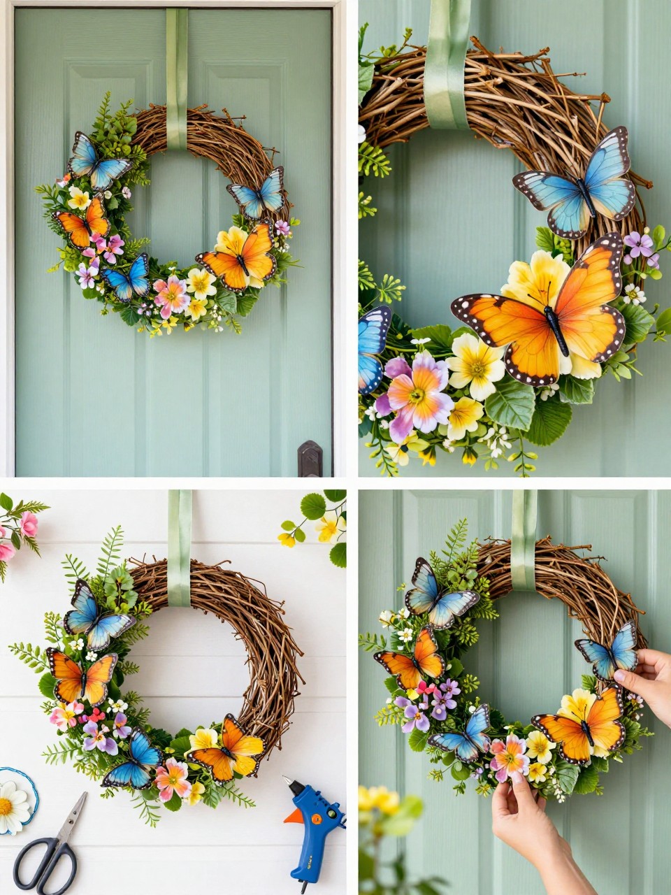 A realistic editorial 2x2 collage grid showing a bright garden butterfly summer wreath, top-left finished wreath on a front door with colorful faux butterflies, small flowers, greenery, and ribbon, top-right close-up of butterfly wings, flower petals, and leaf details, bottom-left flat lay of grapevine wreath base, faux butterflies, mini flowers, greenery, ribbon, floral wire, scissors, and hot glue gun, bottom-right cropped hands clipping butterflies into the wreath, cheerful garden-inspired summer porch setting, no faces, no text, no watermark on images.