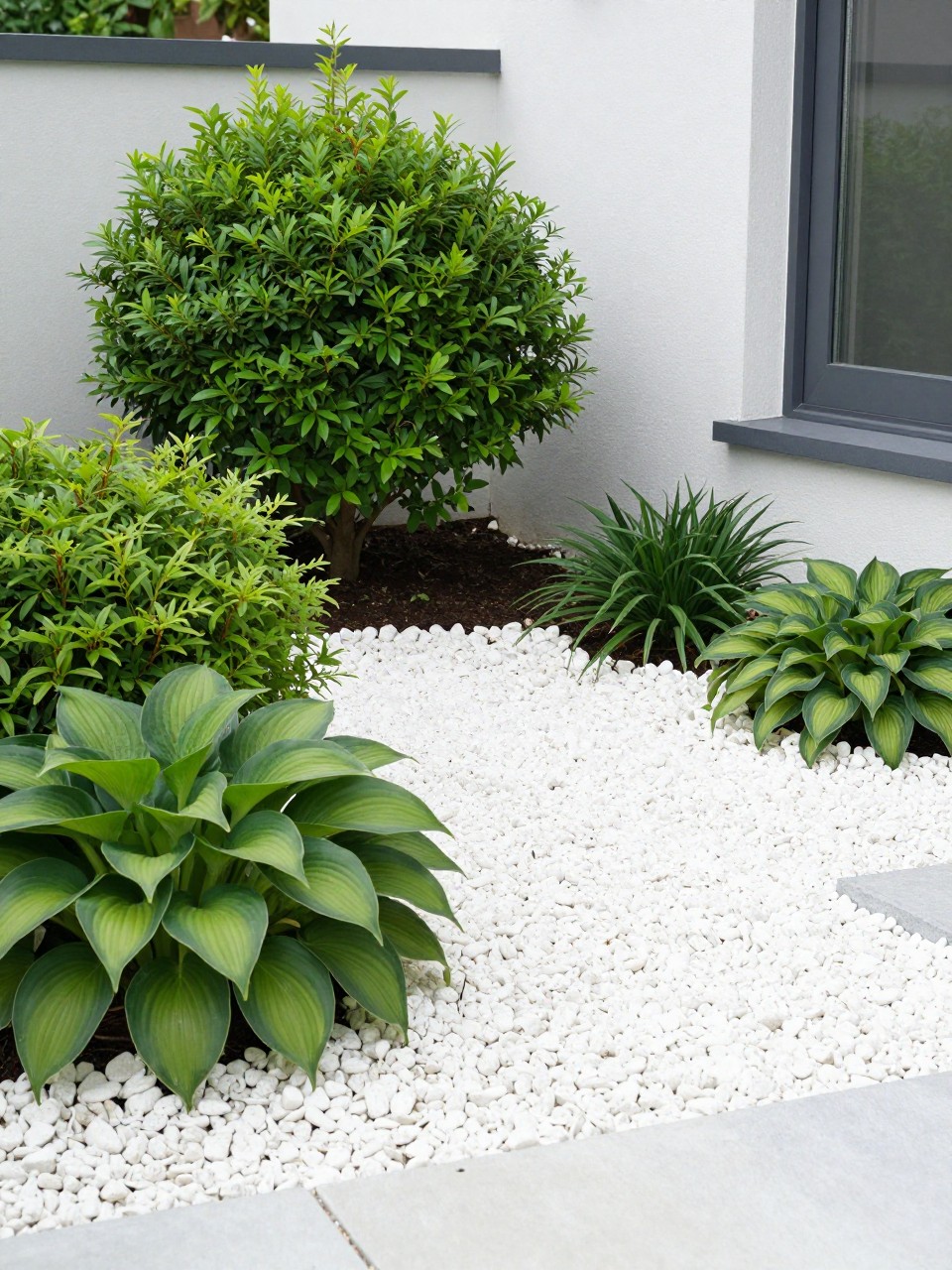 Image Prompt: A tiny front garden with white pebble ground cover, lush green shrubs, small hostas, low border plants, clean modern home exterior, fresh and bright compact garden design, realistic DSLR photo quality, no people, no watermarks on images.