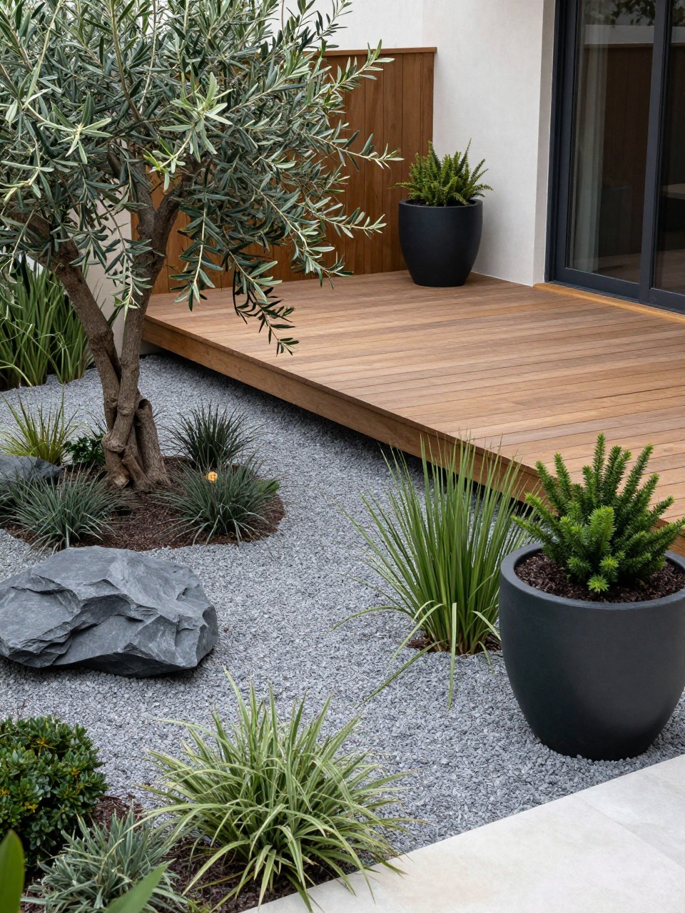 Image Prompt: A contemporary two level backyard with a raised wooden deck on the upper level, lower gravel garden with sculptural planting, olive trees, ornamental grasses, large planters, black accents, clean premium landscape design, realistic DSLR photo quality, no people, no watermarks on images.
