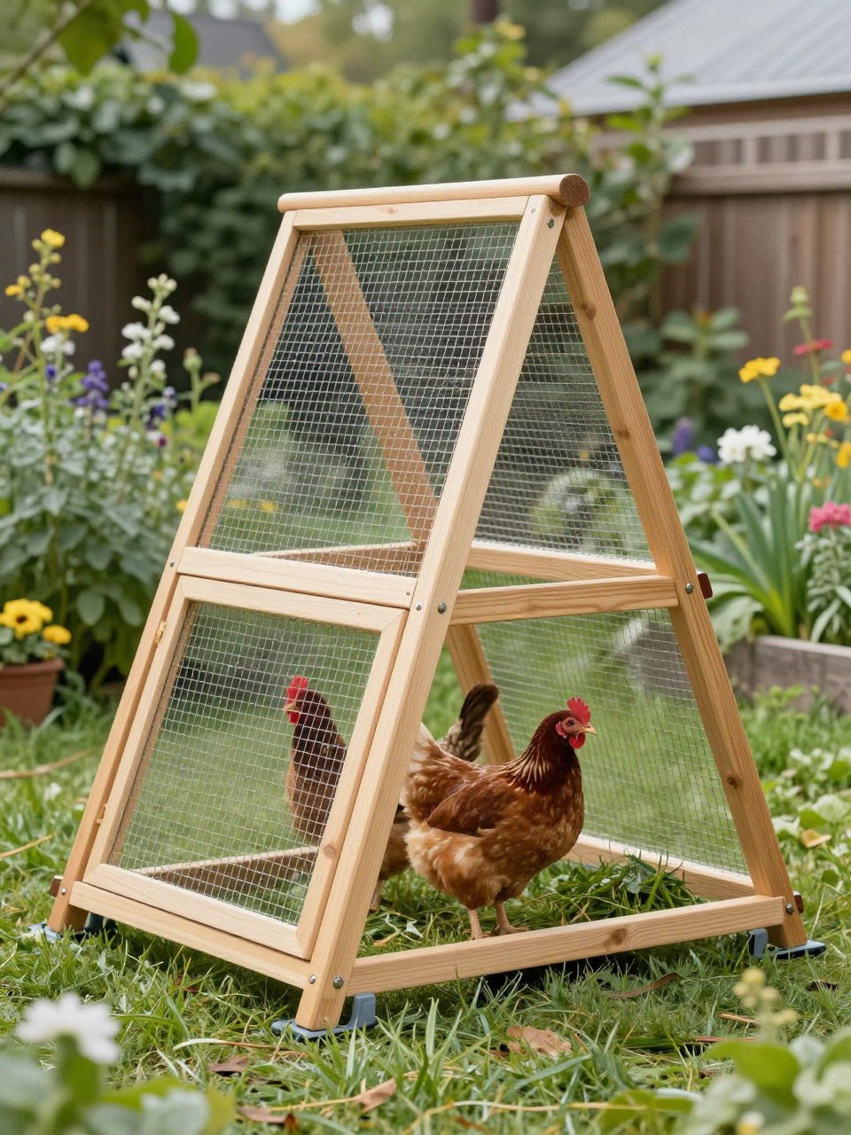 A realistic A-frame moveable chicken coop in a small backyard, triangle-shaped wooden frame, wire mesh sides, small enclosed sleeping area at one end, lightweight skids along the bottom, hens inside on fresh grass, simple handle attached to the front, cottage garden flowers and herbs nearby, neat DIY chicken tractor style, soft natural daylight, no people, no text, (no watermarks on images).