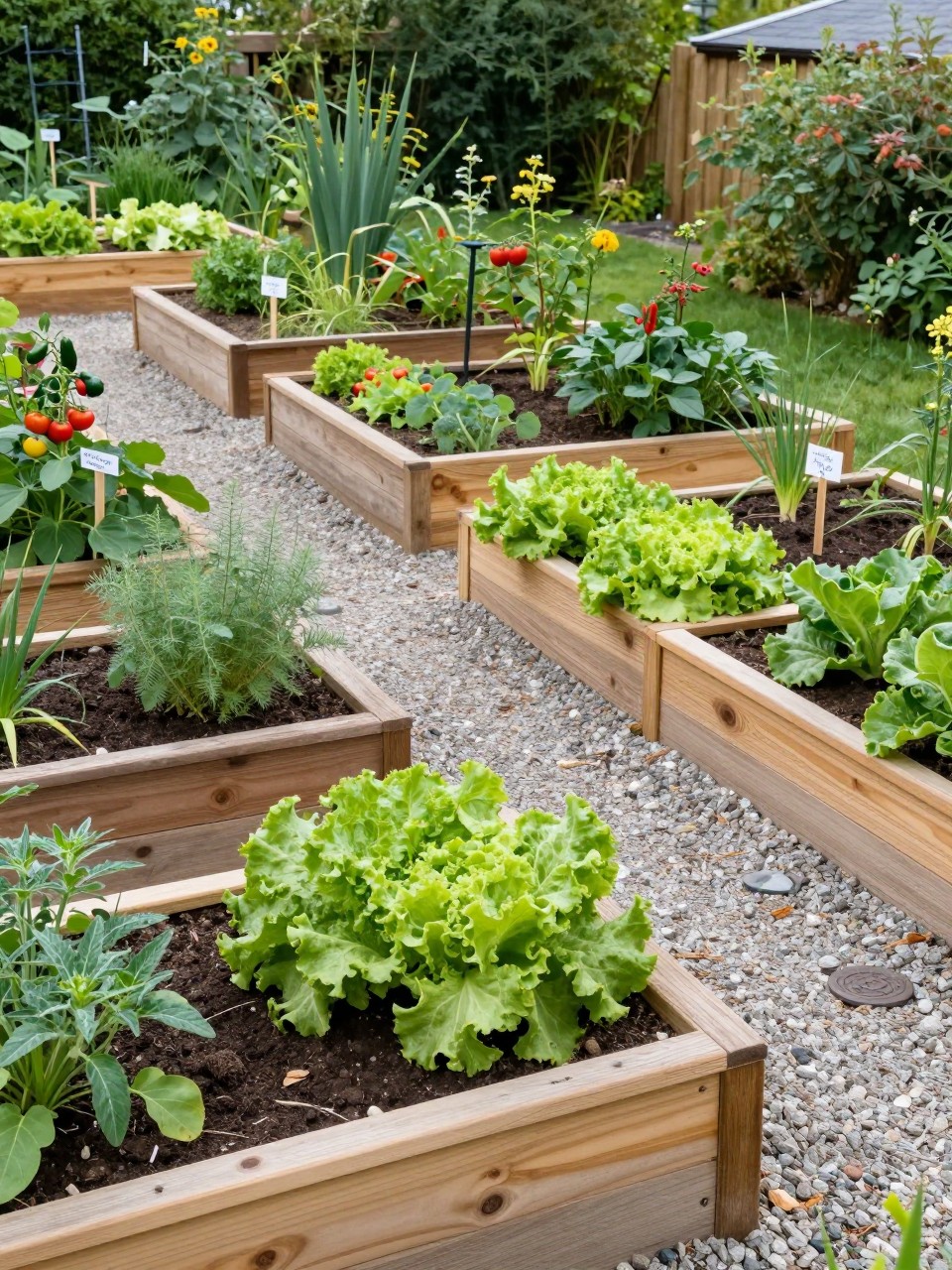 Image Prompt: A practical slanted backyard with raised vegetable beds built into the hillside, timber frames, gravel paths, herbs, lettuce, tomatoes, peppers, simple plant labels, organized and beautiful edible garden design, realistic DSLR photo quality, no people, no watermarks on images.