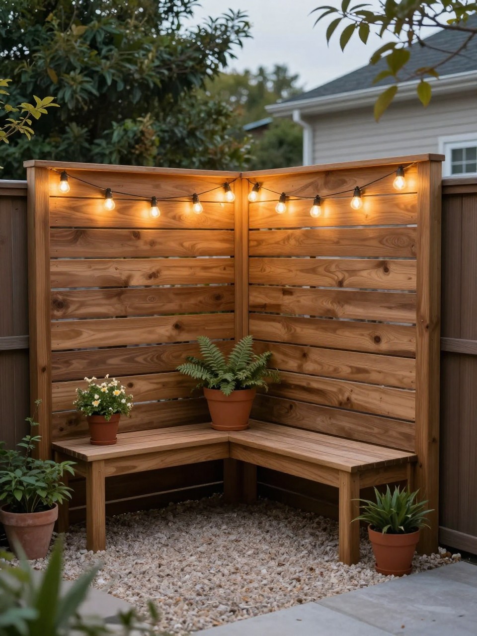 Image Prompt: A stylish backyard privacy screen with warm string lights attached in gentle rows, slatted wood panels, outdoor bench, potted plants, soft gravel floor, cozy compact garden corner, realistic DSLR photo quality, no people, no watermarks on images.