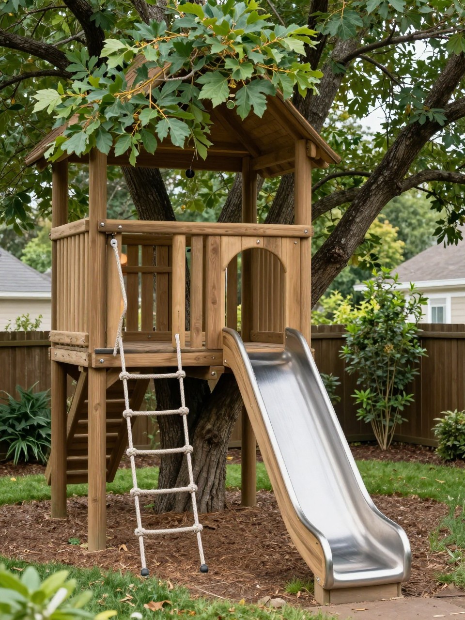 Image Prompt: A charming backyard treehouse playground with a wooden platform, small slide, rope ladder, simple railings, leafy tree canopy, soft grass and mulch below, magical family backyard setting, realistic DSLR photo quality, no people, no watermarks on images.