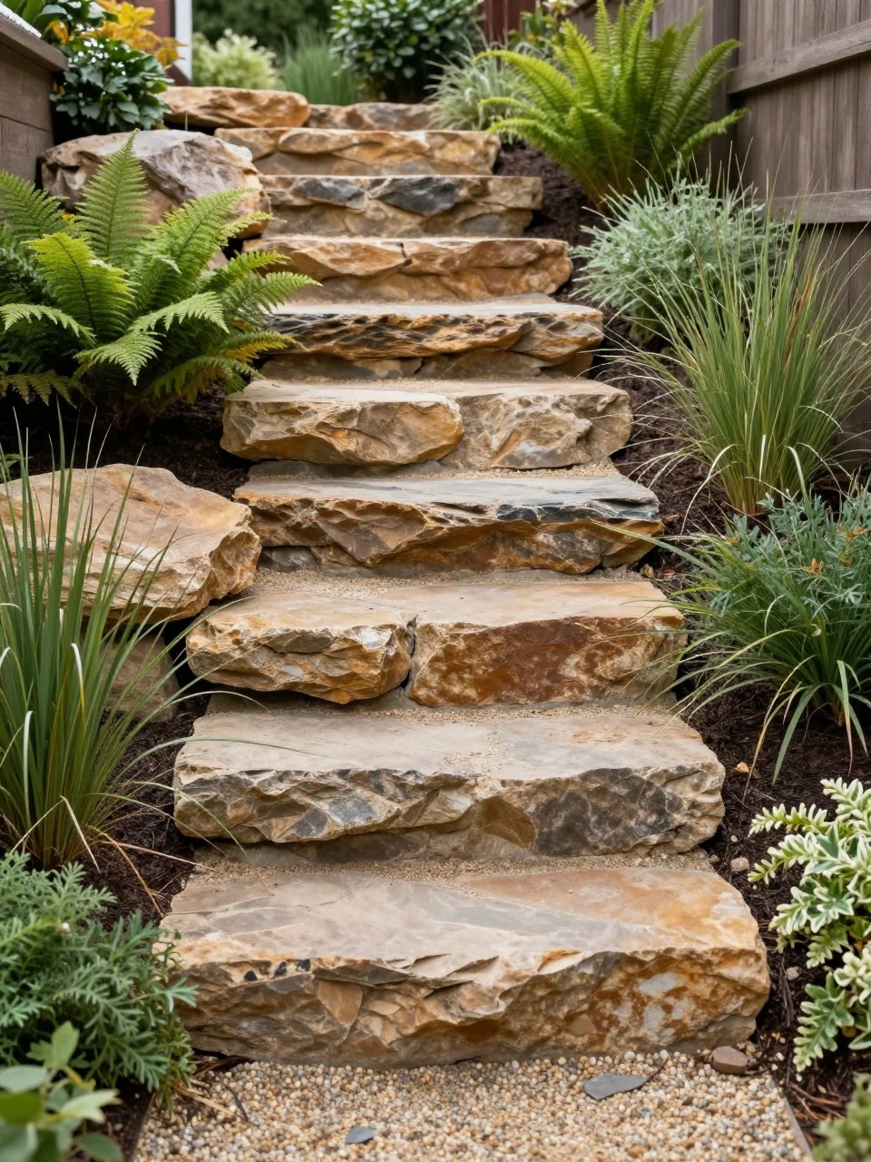 Image Prompt: A beautiful sloped garden with natural boulder steps, gravel path, soft planting on both sides, ferns, grasses, low shrubs, rustic-modern backyard landscaping, warm natural textures, realistic DSLR photo quality, no people, no watermarks on images.
