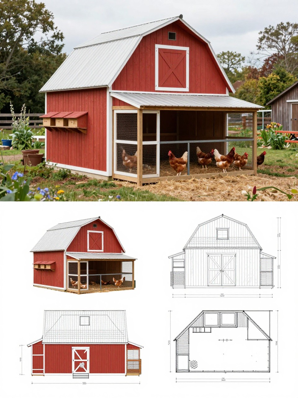 Image Prompt: A vertical 2-collage image. The top half shows a realistic large barn-style chicken coop with red wood siding, white trim, a mini barn roof, wide walk-in door, exterior nesting boxes, secure covered run, chickens inside, straw bedding, and a rustic homestead garden setting. The bottom half shows the matching barn-style coop plan with front and side elevations, roof shape drawing, floor layout, roosting and nesting areas, run layout, and clear dimension markings in a blueprint-style sheet. The finished coop and plan should clearly match. Realistic, rustic, editorial style, no people, no text, (no watermarks on images).