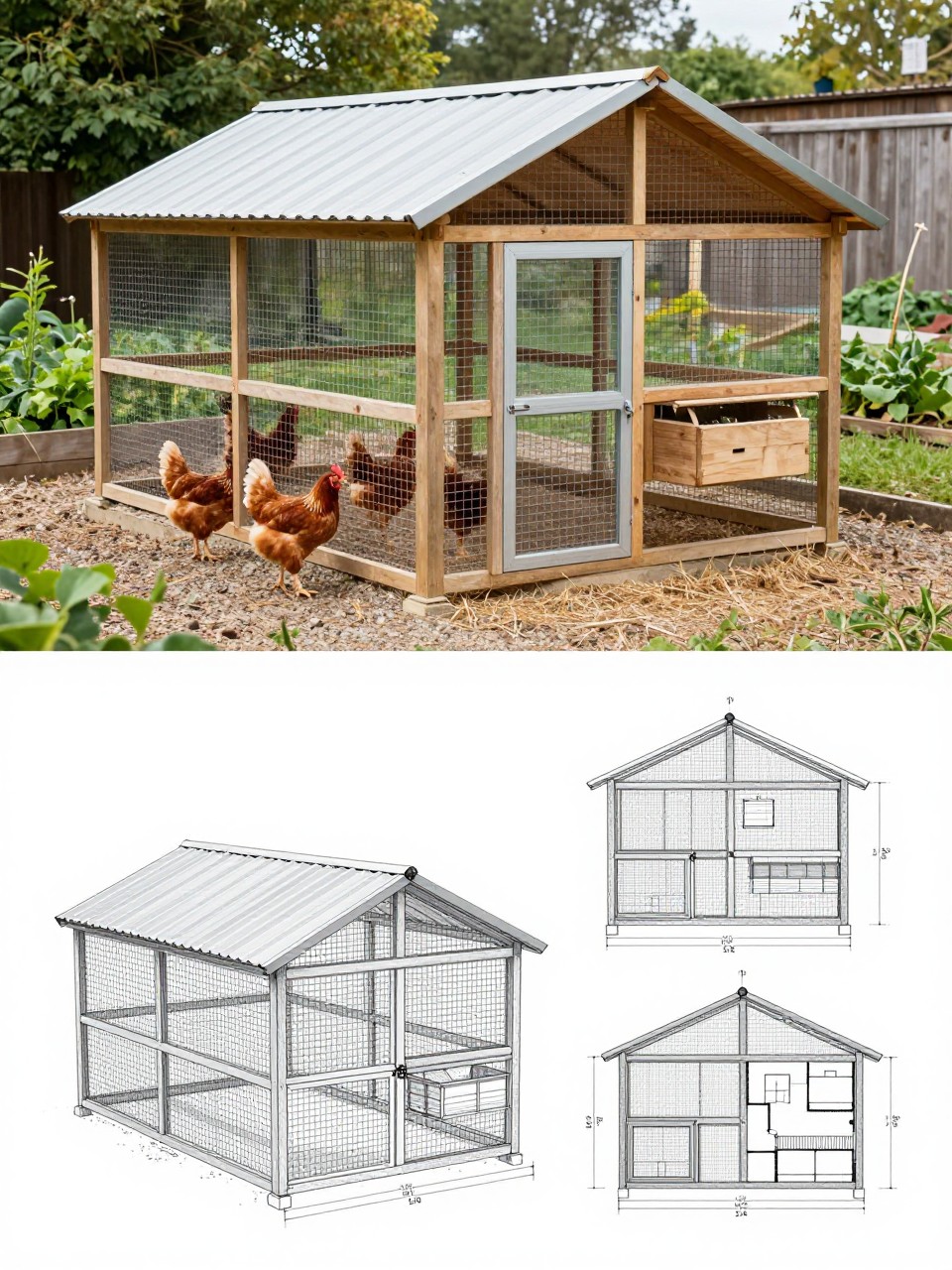 Image Prompt: A vertical 2-collage image. The top half shows a realistic large chicken coop with a fully covered wire run, natural wood frame, pitched roof over the hen house, extended metal roof over the run, full-size access door, exterior nesting boxes, chickens walking on dry gravel and straw, and a green backyard garden around it. The bottom half shows the matching coop plan with the covered run layout, roof extension details, front and side views, floor plan, run measurements, support posts, and nesting box placement in a clean blueprint style. Top and bottom should clearly show the same design. Practical, realistic, no people, no text, (no watermarks on images).