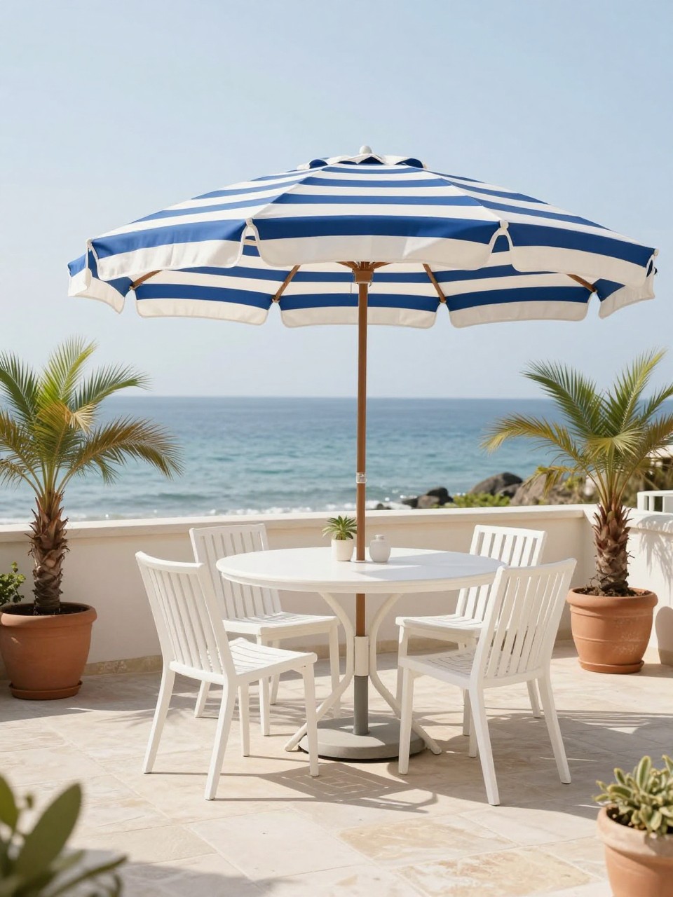 Image Prompt: A bright coastal patio with a blue and white striped patio umbrella over a round dining table, white outdoor chairs, pale stone floor, potted palms, woven accents, soft summer daylight, breezy beach house patio mood, no people, realistic DSLR image, no text, no watermarks on images.