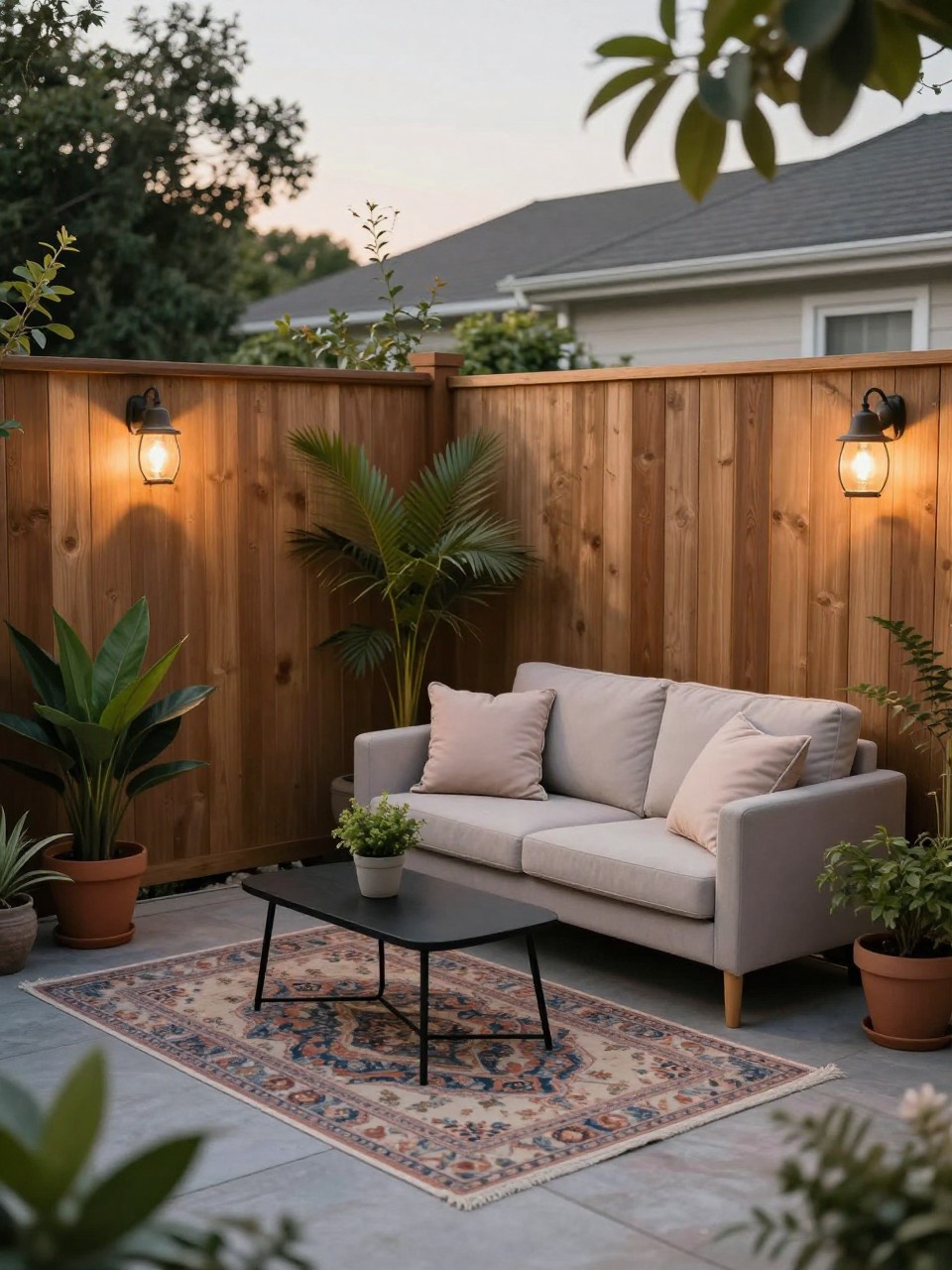 Image Prompt: A tiny townhouse patio styled like a small outdoor room with a patterned outdoor rug, compact loveseat, small black coffee table, potted plants in corners, soft throw pillows, wood privacy fence, warm evening light, no people, realistic DSLR photo, no text, no watermarks on images.