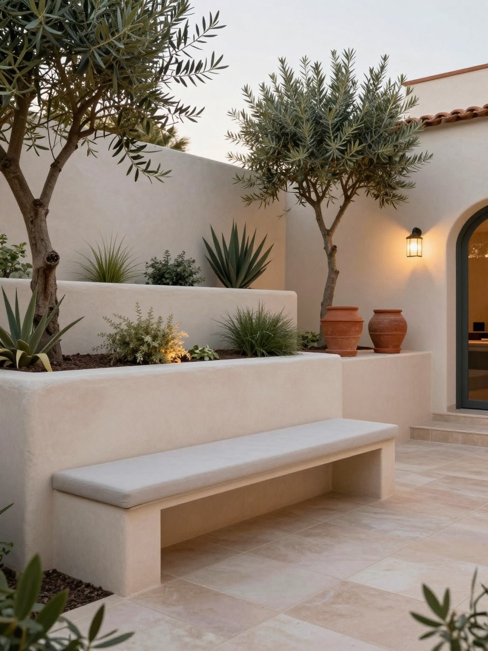 Image Prompt: A premium two level courtyard garden with smooth rendered retaining walls, built-in bench seating on the lower level, upper planter beds, terracotta pots, olive trees, tiled floor, warm outdoor lighting, Mediterranean-modern design, realistic DSLR photo quality, no people, no watermarks on images.