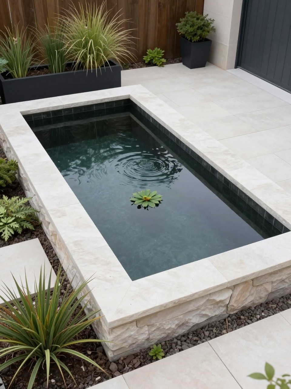 Image Prompt: A sleek DIY rectangular backyard pond with clean stone edging, dark reflective water, simple water plants, pale paving, black planters, ornamental grasses, modern patio backdrop, premium contemporary garden design, realistic DSLR photo quality, no people, no watermarks on images.