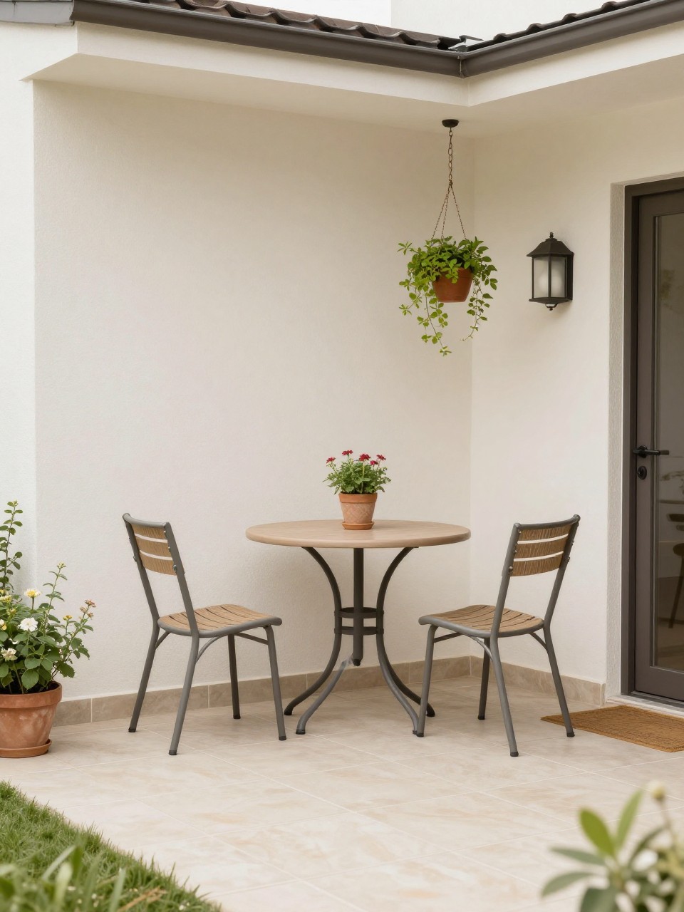 Image Prompt: A small covered patio with a round bistro table and two chairs, light tile floor, hanging plant, simple wall lantern, potted herbs and flowers, cozy compact backyard patio design, bright daytime lighting, no people, realistic DSLR image, no text, (no watermarks on images)