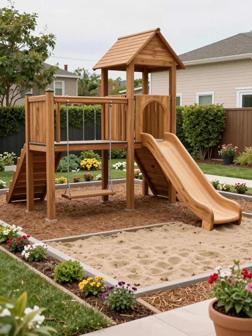 Image Prompt: A beautiful all-in-one backyard playground zone with wooden swing set, slide, small climbing wall, sandbox corner, soft mulch base, neat garden border, potted flowers, family-friendly backyard design, realistic DSLR photo quality, no people, no watermarks on images.