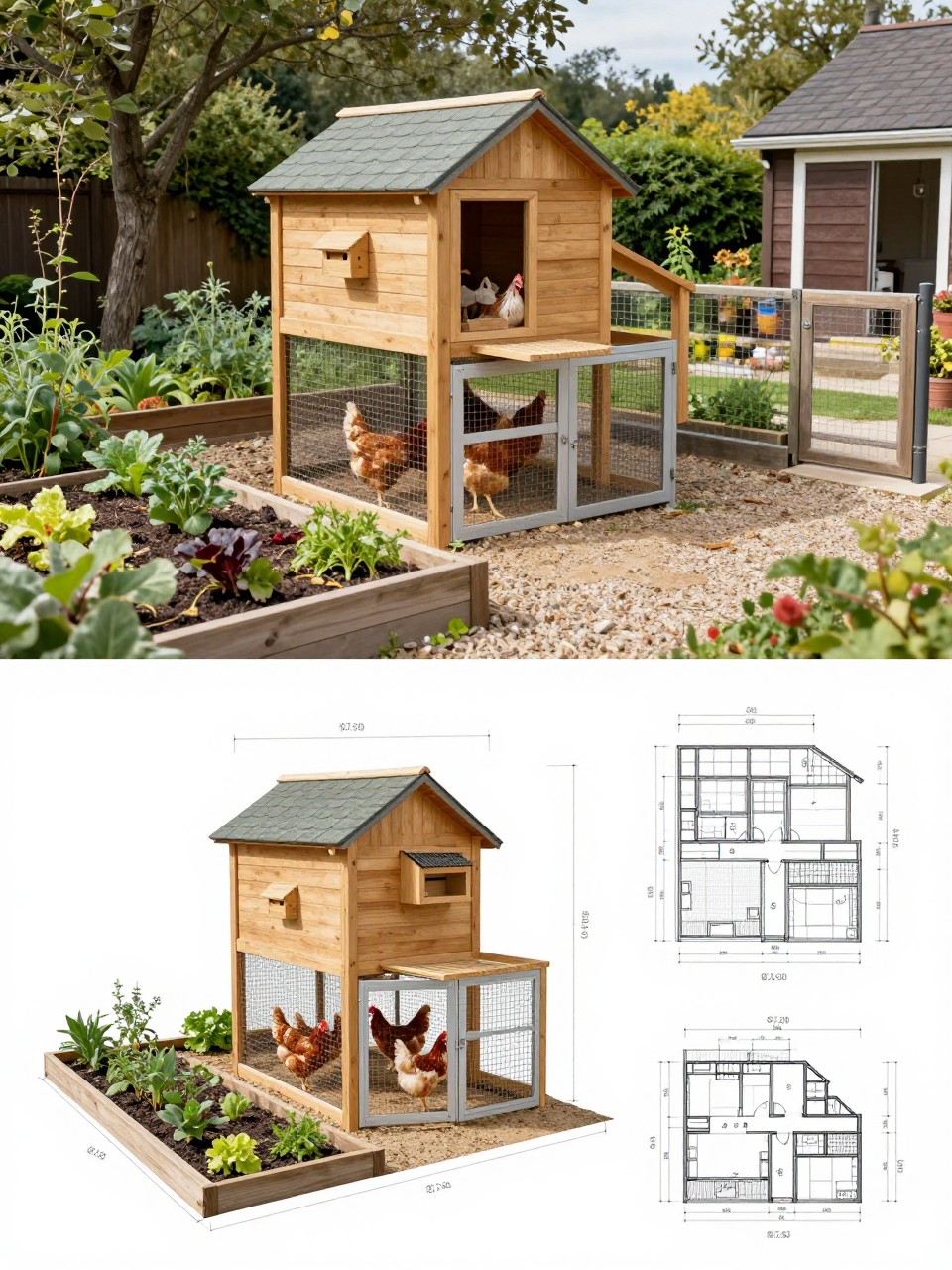 Image Prompt: A vertical 2-collage image. The top half shows a realistic large chicken coop surrounded by raised garden beds, natural wood hen house, tall secure run, pitched roof, exterior nesting boxes, chickens inside, herbs and vegetables growing around the coop border, gravel path leading to a full-size door, and a pretty backyard homestead layout. The bottom half shows the matching coop plan with coop dimensions, run layout, garden bed border placement, access path, nesting box location, roosting bar layout, and blueprint-style construction drawings. The two halves should clearly match. Realistic garden-focused design, no people, no text, (no watermarks on images).