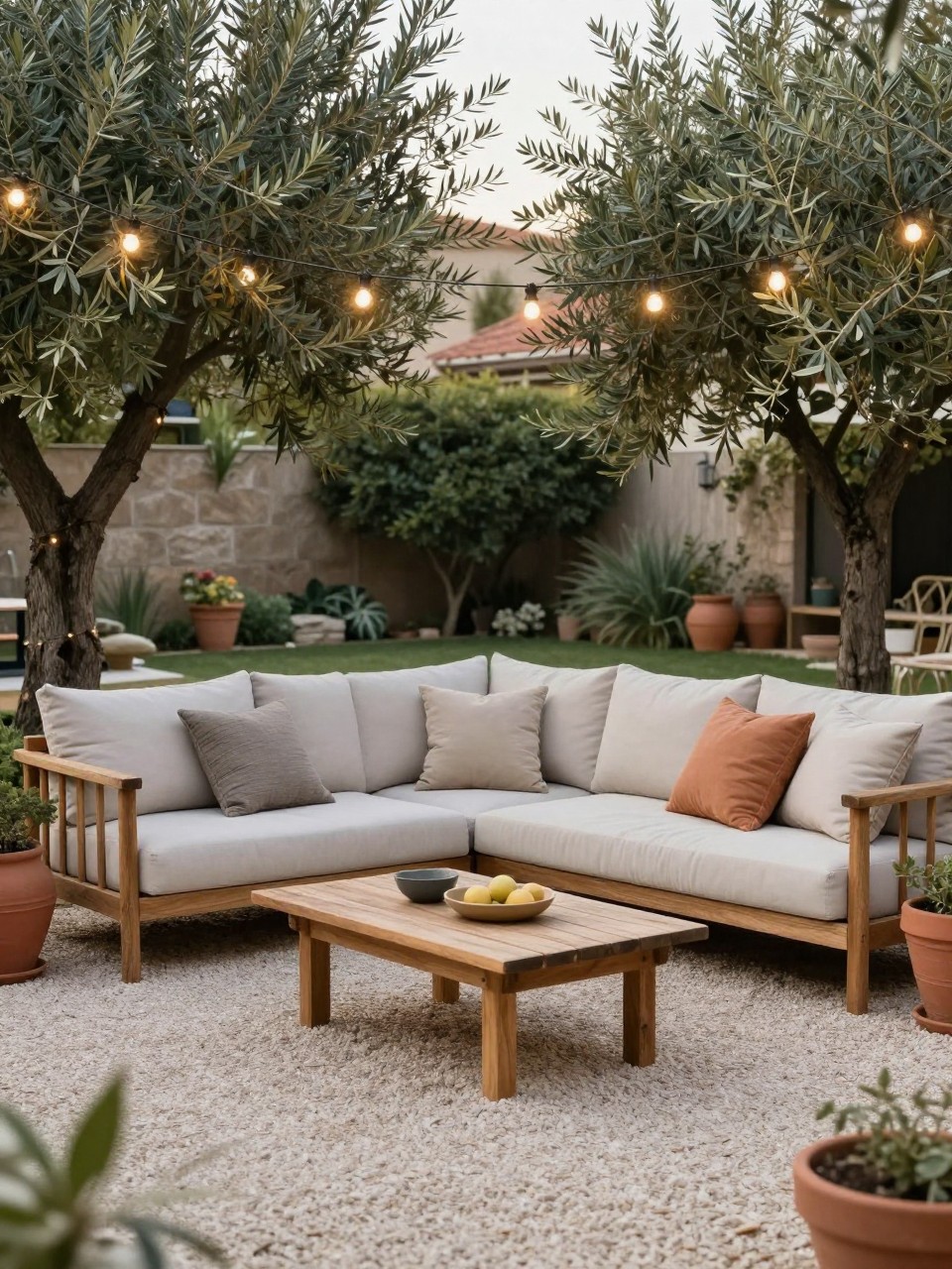 Image Prompt: A beautiful no grass backyard with a pale gravel patio, cozy outdoor sofa, neutral cushions, wooden coffee table, large terracotta pots, olive trees, warm string lights, relaxed premium outdoor living design, realistic DSLR photo quality, no people, no watermarks on images.