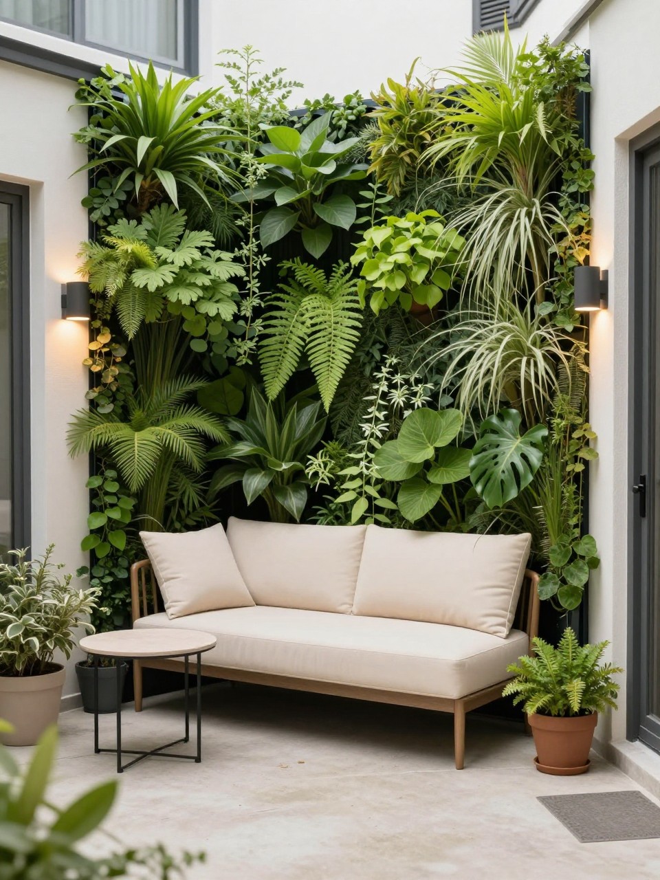 Image Prompt: A tiny townhouse patio with a lush vertical garden wall filled with leafy plants, herbs, and trailing greenery, compact loveseat with cream cushions, small round side table, light concrete floor, warm wall lights, fresh green outdoor room design, no people, realistic DSLR photo, no text, no watermarks on images.